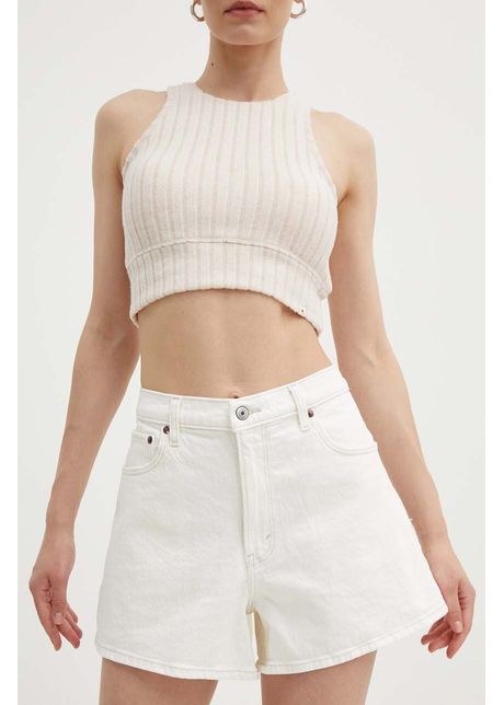 Abercrombie fitch pantaloni scurti jeans femei culoarea bej neted high waist