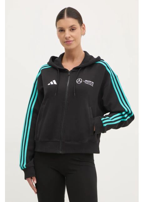 Adidas hanorac de bumbac x mercedes femei culoarea negru cu glug cu imprimeu jv5436