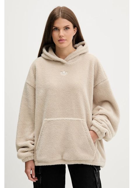 adidas Originals hanorac fleece Teddy culoarea bej, cu glugă, cu imprimeu, JW6061
