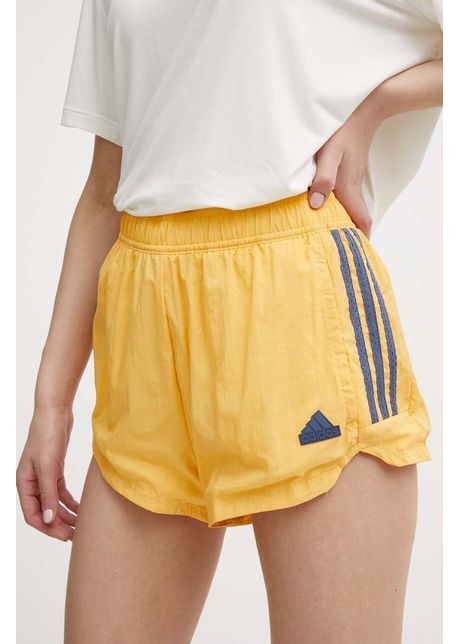 Adidas pantaloni scurti tiro femei culoarea galben cu imprimeu high waist is0722