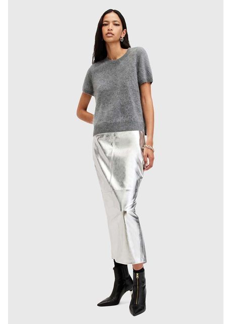 Allsaints fusta de piele renai pencil skirt culoarea argintiu midi drept w070rb
