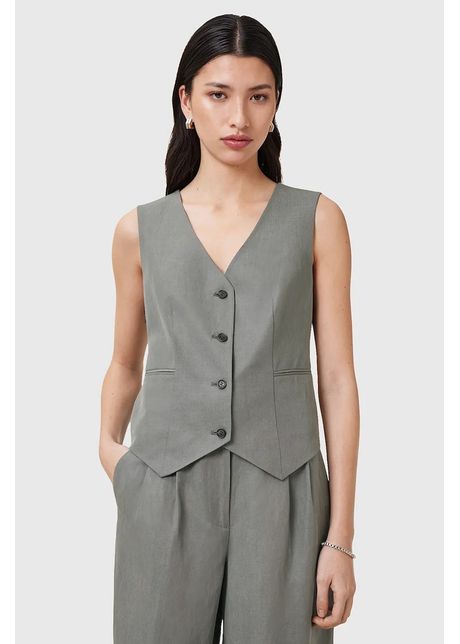 Allsaints vest averie culoarea gri un singur rand de nasturi w044qc