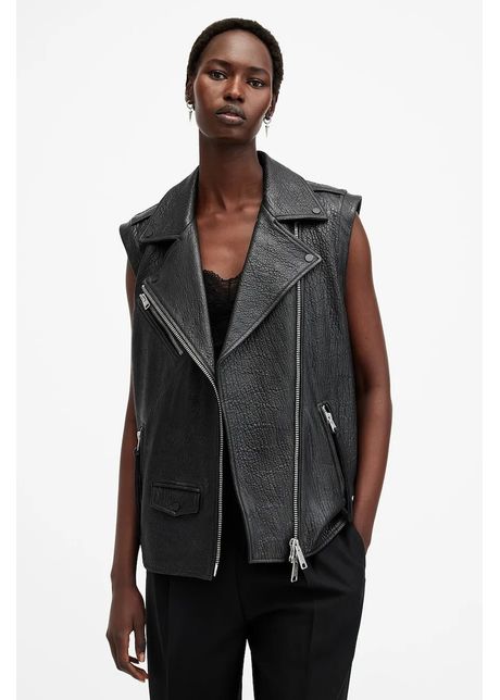 Allsaints vest din piele billie femei culoarea negru de tranzi ie w064lb