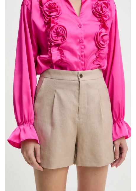 Answear lab pantaloni scurti din in femei culoarea bej neted high waist