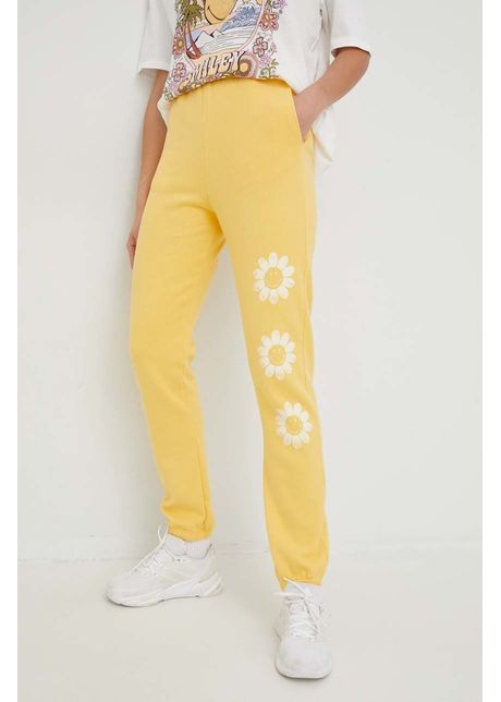 Billabong pantaloni de trening din bumbac x smiley femei culoarea galben cu imprimeu