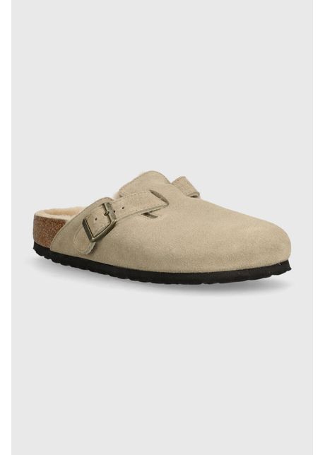 Birkenstock papuci din piele Boston Shearling femei, culoarea bej, 1028299