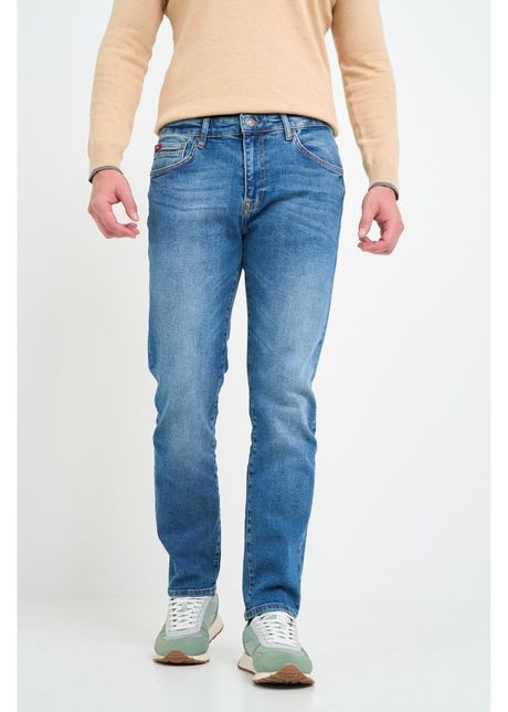 Blugi barbat high rise straight cu aspect decolorat si logo aplicat albastru