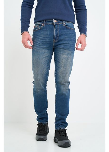Blugi barbat slim cu aspect decolorat si cu logo atasat albastru