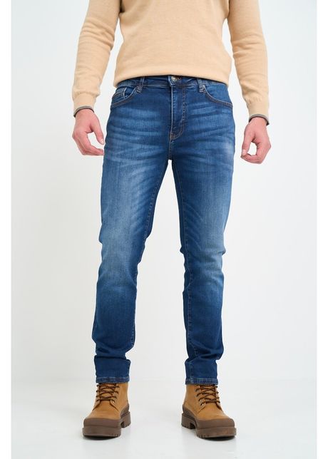 Blugi barbat slim cu aspect decolorat si logo aplicat albastru