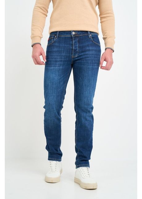 Blugi barbat slim cu aspect decolorat si logo atasat albastru