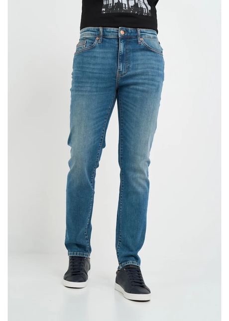 Blugi barbat slim cu logo si aspect decolorat albastru