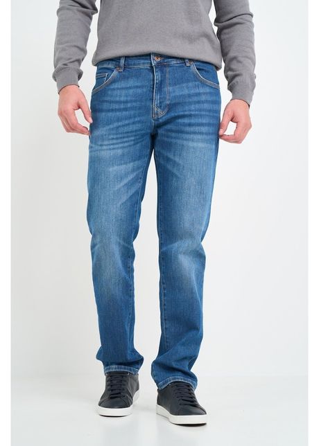 Blugi barbat straight cu aspect decolorat si logo atasat albastru