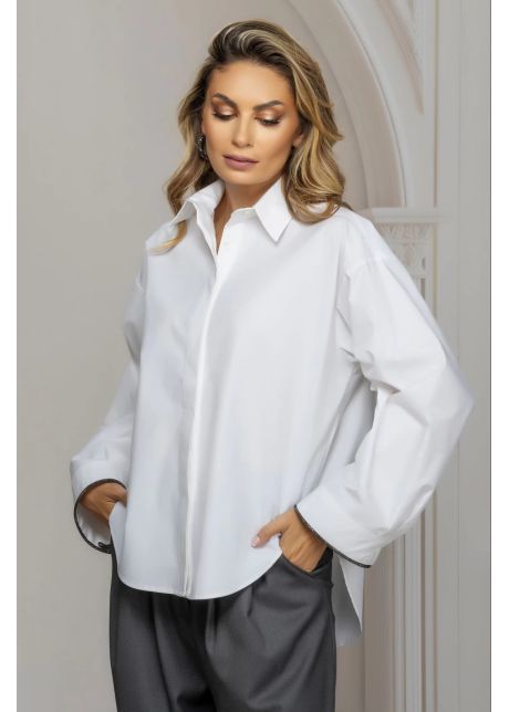 Camasa dama alba oversize cu sirag din strassuri la mansete