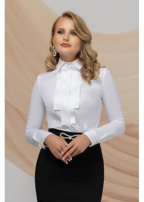 Camasa office pretty girl ecru din bumbac cu jabou aplicat