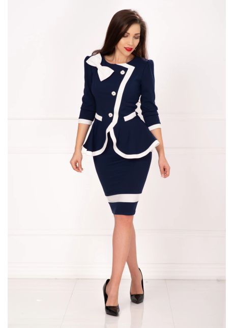 Compleu dama bleumarin cu contur alb si peplum in talie