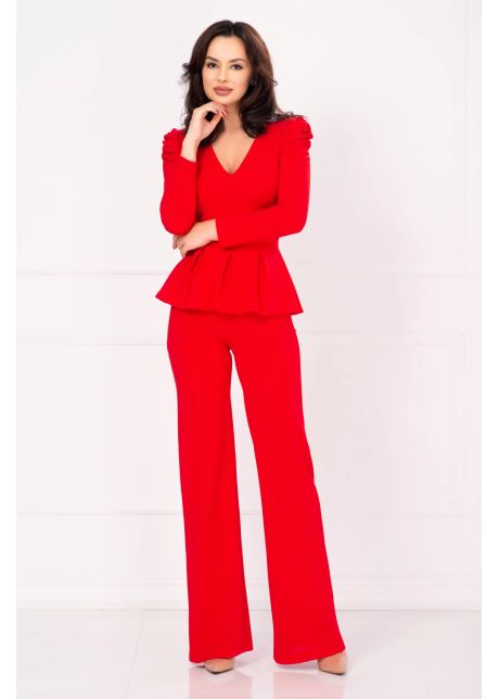 Compleu dama marielle rosu cu peplum si pantaloni evazati