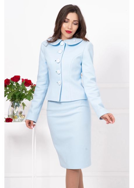 Costum dama elegant bleu cu flori brodate