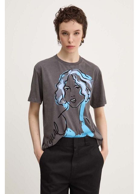 Desigual tricou din bumbac faced femei culoarea gri 24wwtk65