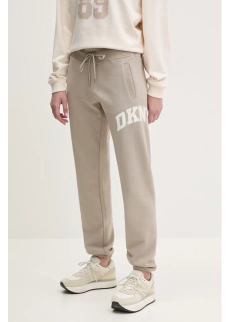 Dkny pantaloni de trening din bumbac femei culoarea bej cu imprimeu dp5p3615