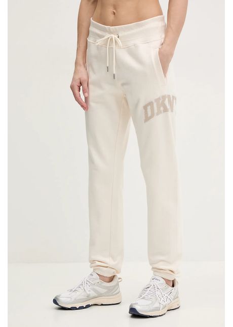 Dkny pantaloni de trening din bumbac femei culoarea bej cu imprimeu dp5p3615