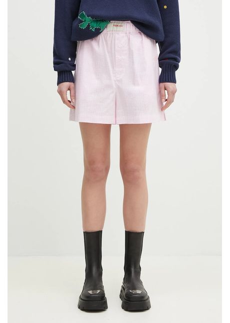 Fiorucci pantaloni scurți din bumbac Gingham Logo femei, culoarea roz, cu imprimeu, high waist, W02SPBSH300CO01PN02