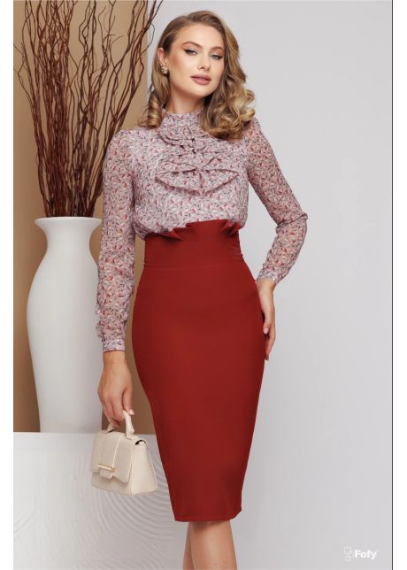 Fusta eleganta office bordo conica cu pliuri in talie