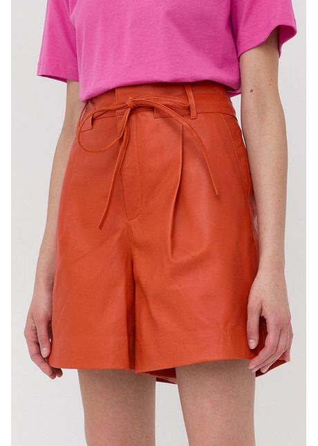 Gestuz pantaloni scurti de piele femei culoarea portocaliu neted high waist
