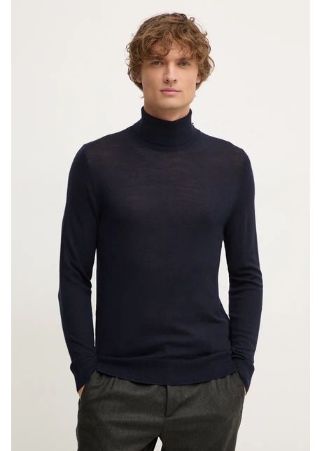 Hackett london pulover de lana barbati culoarea albastru marin light cu guler hm703264
