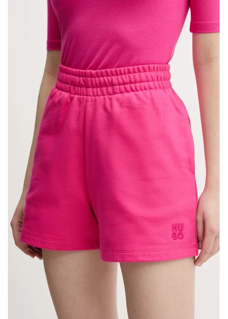 Hugo pantaloni scur i din bumbac femei culoarea roz cu imprimeu high waist 50536943