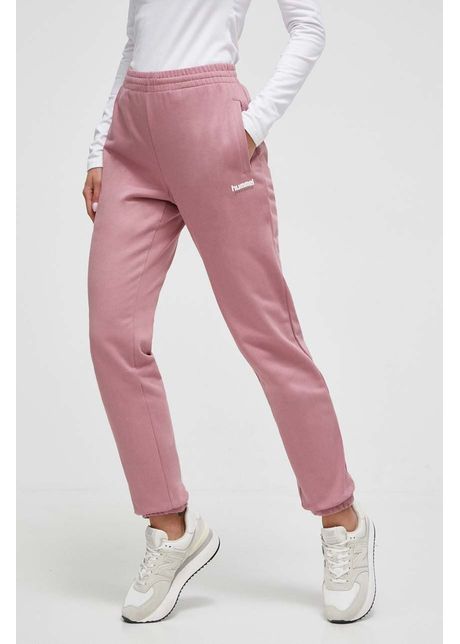 Hummel pantaloni de trening din bumbac culoarea roz neted