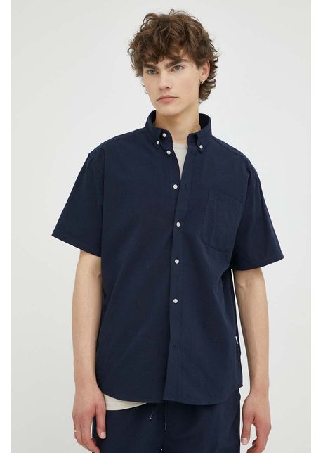 Les deux camasa din bumbac louis seersucker barbati culoarea albastru marin cu guler button down regular
