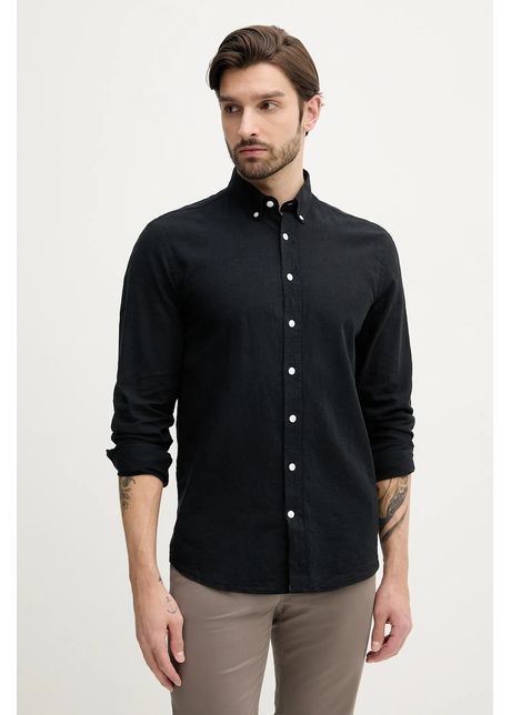 Lindbergh cămașă de in bărbați, culoarea negru, cu guler button-down, relaxed, 30-203344B