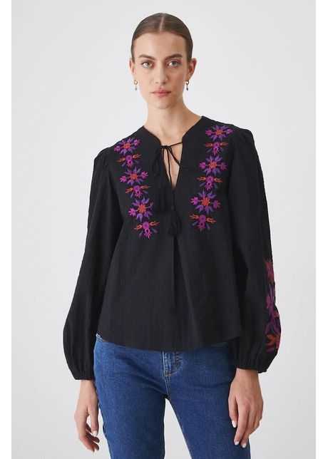 Medicine bluza din bumbac femei culoarea negru in modele florale