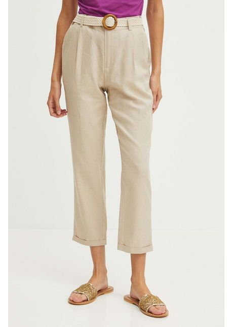 Medicine pantaloni din in culoarea bej fason chinos high waist