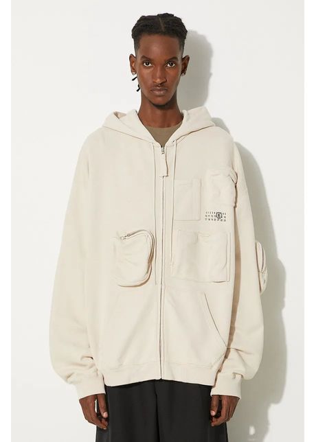 Mm6 maison margiela hanorac de bumbac barbati culoarea bej cu glug neted sh0hg0003 m25003