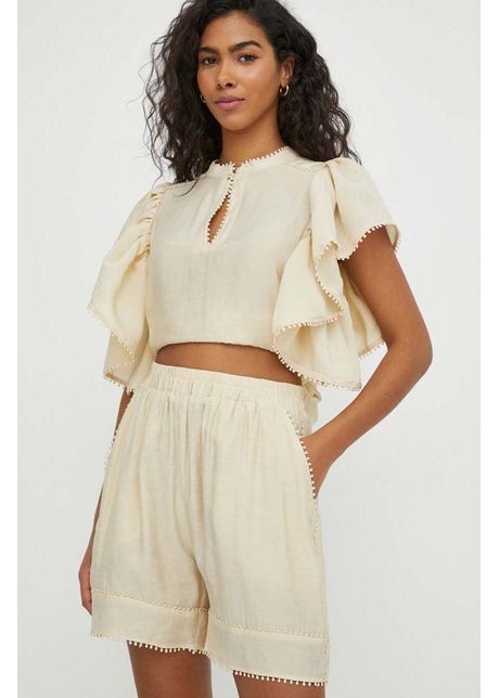 Munthe pantaloni scurti femei culoarea bej neted high waist