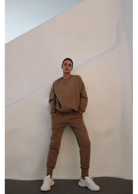Muuv pantaloni spodnie dresowe soft touch femei culoarea maro neted
