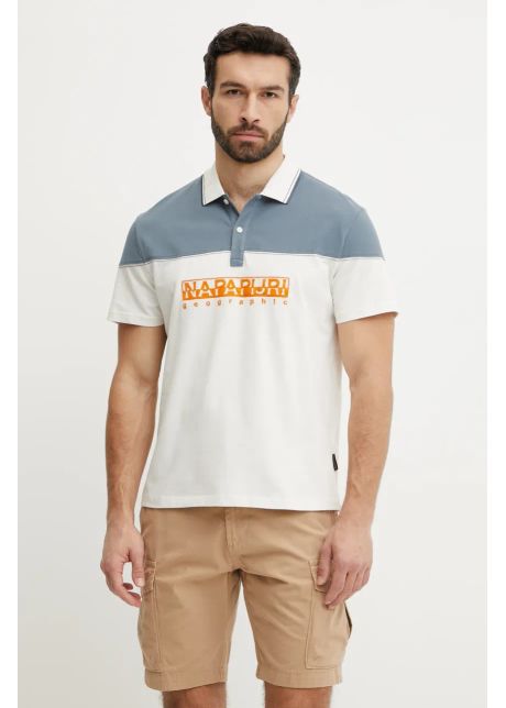Napapijri polo de bumbac E-Saturnia barbati, culoarea bej, cu imprimeu, NP0A4IDDN1A1