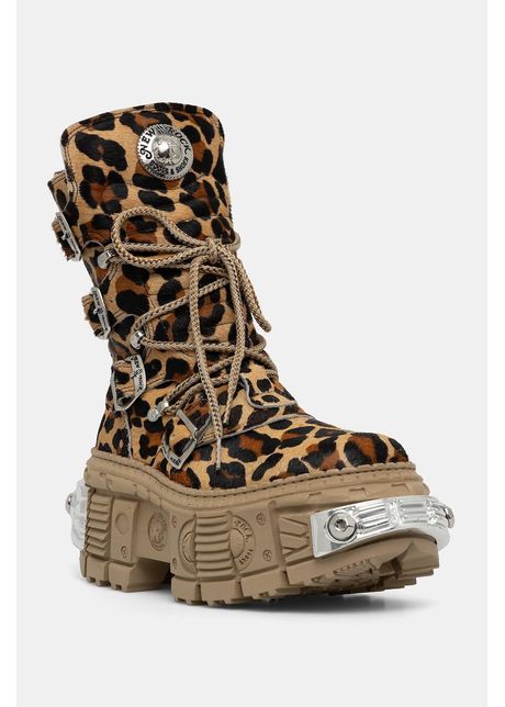 New Rock bocanci de piele PELO LEOPARDO CUERO culoarea maro, cu platformă, M-WALL373-C5