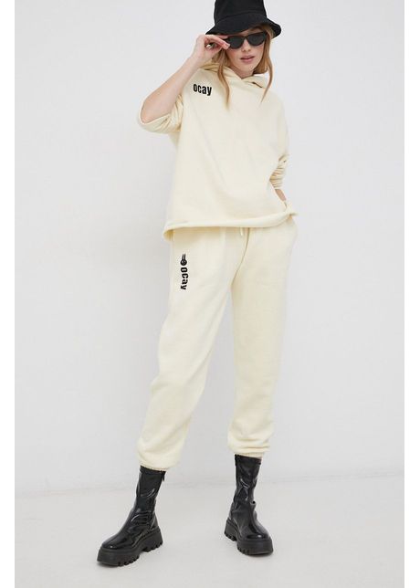 Ocay pantaloni de bumbac femei culoarea galben cu imprimeu