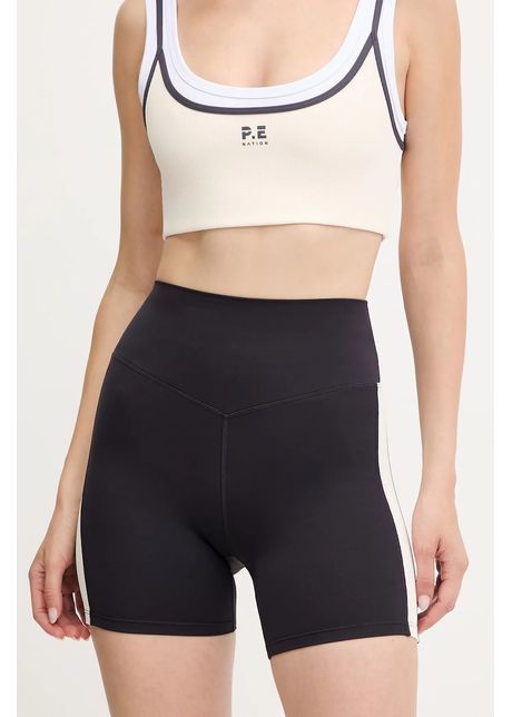 P.E Nation pantaloni scurți de antrenament Freeplay 5 culoarea bleumarin, cu model, high waist, 244S374