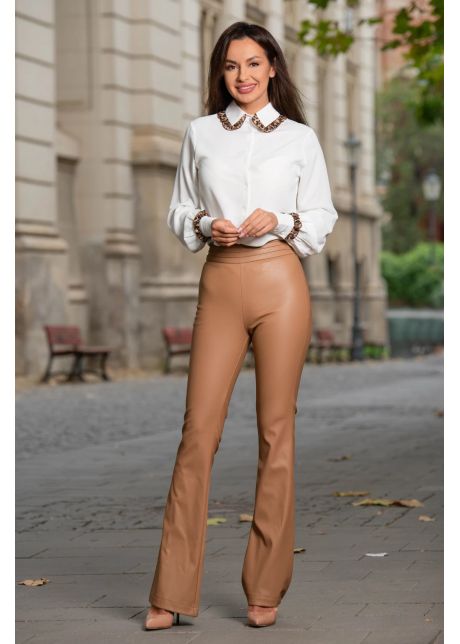 Pantaloni camel din piele ecologica evazati cu talie inalta