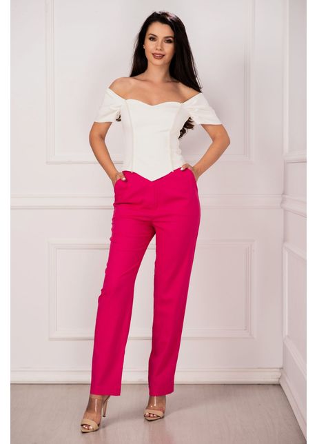 Pantaloni din in fucsia inpuff drepti cu talie inalta