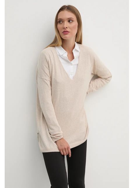 Pepe jeans pulover din amestec de lana isela v neck femei culoarea bej light pl702220