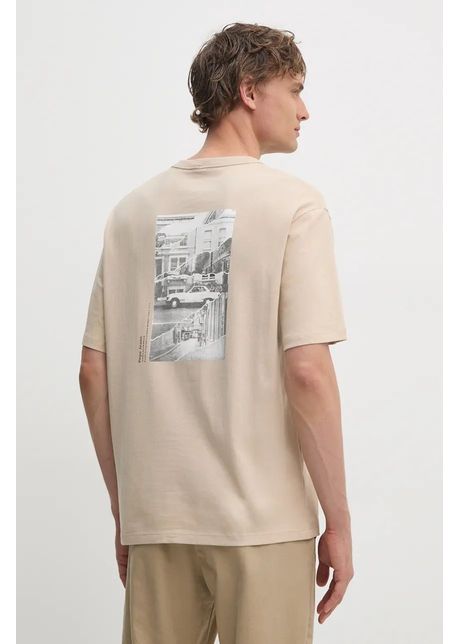 Pepe Jeans tricou din bumbac ASTONE barbati, culoarea bej, cu imprimeu, PM509646
