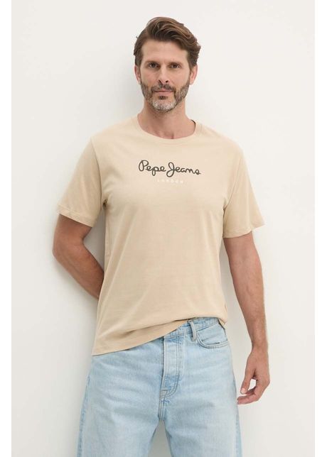 Pepe Jeans tricou din bumbac Eggo barbati, culoarea bej, cu imprimeu, PM508208