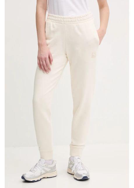 Puma pantaloni de trening din bumbac femei culoarea bej neted 685019