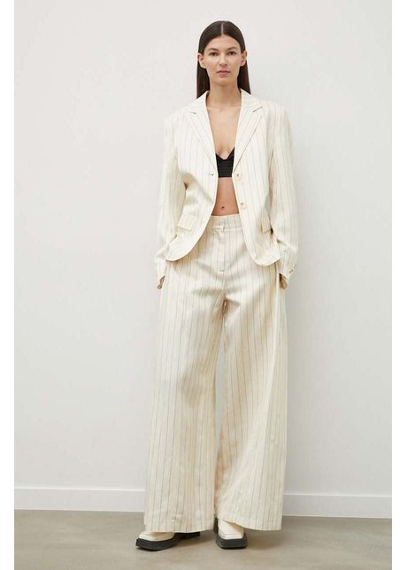 Remain pantaloni din amestec de in culoarea bej lat high waist