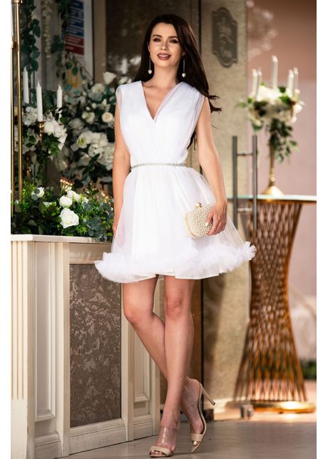 Rochie de cununie baby doll Amalia alba din tulle cu volane