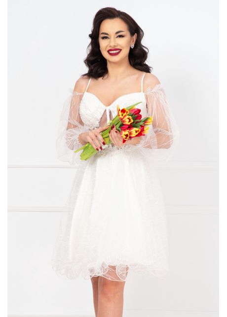 Rochie de cununie meredith baby doll alba cu perle si margele